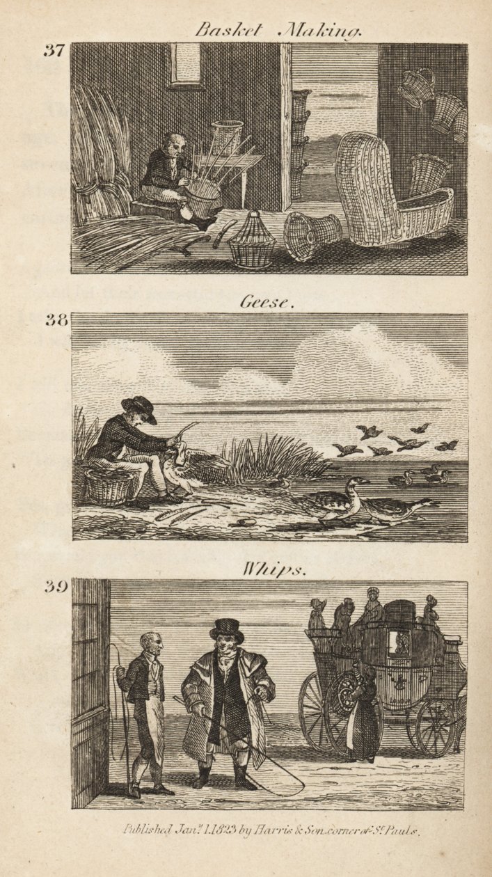 Métiers en Angleterre Régence : fabrication de paniers, plumage des oies et fouets - Isaac Taylor