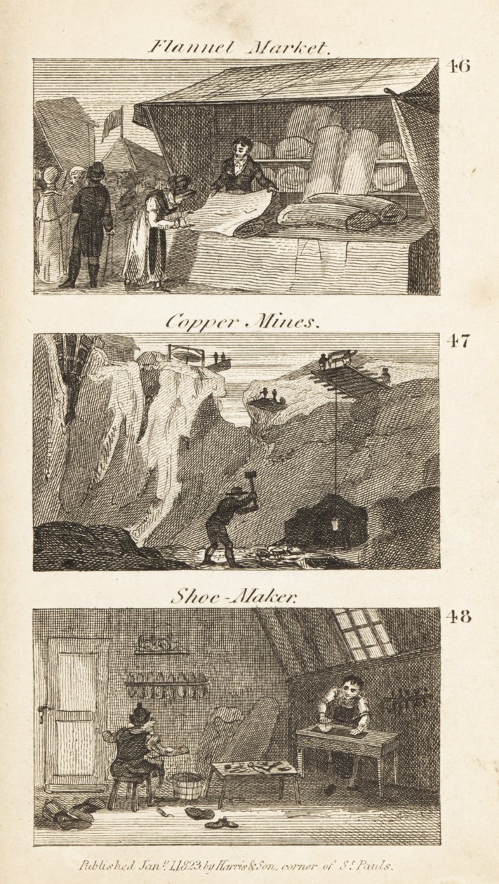 Métiers en Angleterre Régence : marché de la flanelle, mines de cuivre et cordonnier - Isaac Taylor