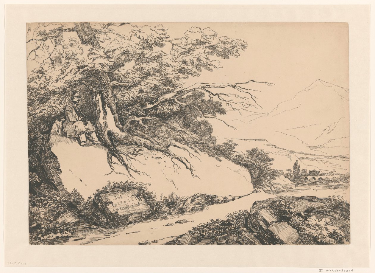 Paysage avec un homme se reposant sous un arbre avec un chien - Isaac Weissenbruch