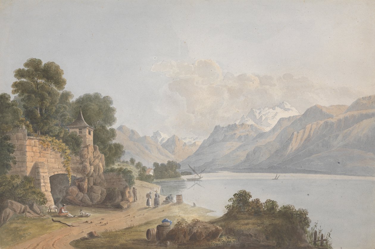 Paysage montagneux avec lac, porte et figures - Isaac Weld