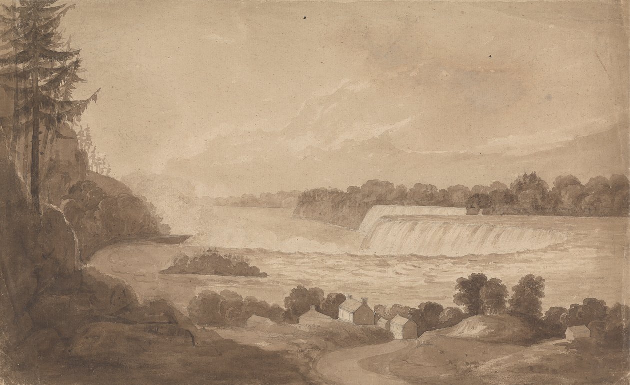Vue des chutes du Niagara avec les chutes en arrière-plan, à droite, et paysage avec maisons au premier plan - Isaac Weld