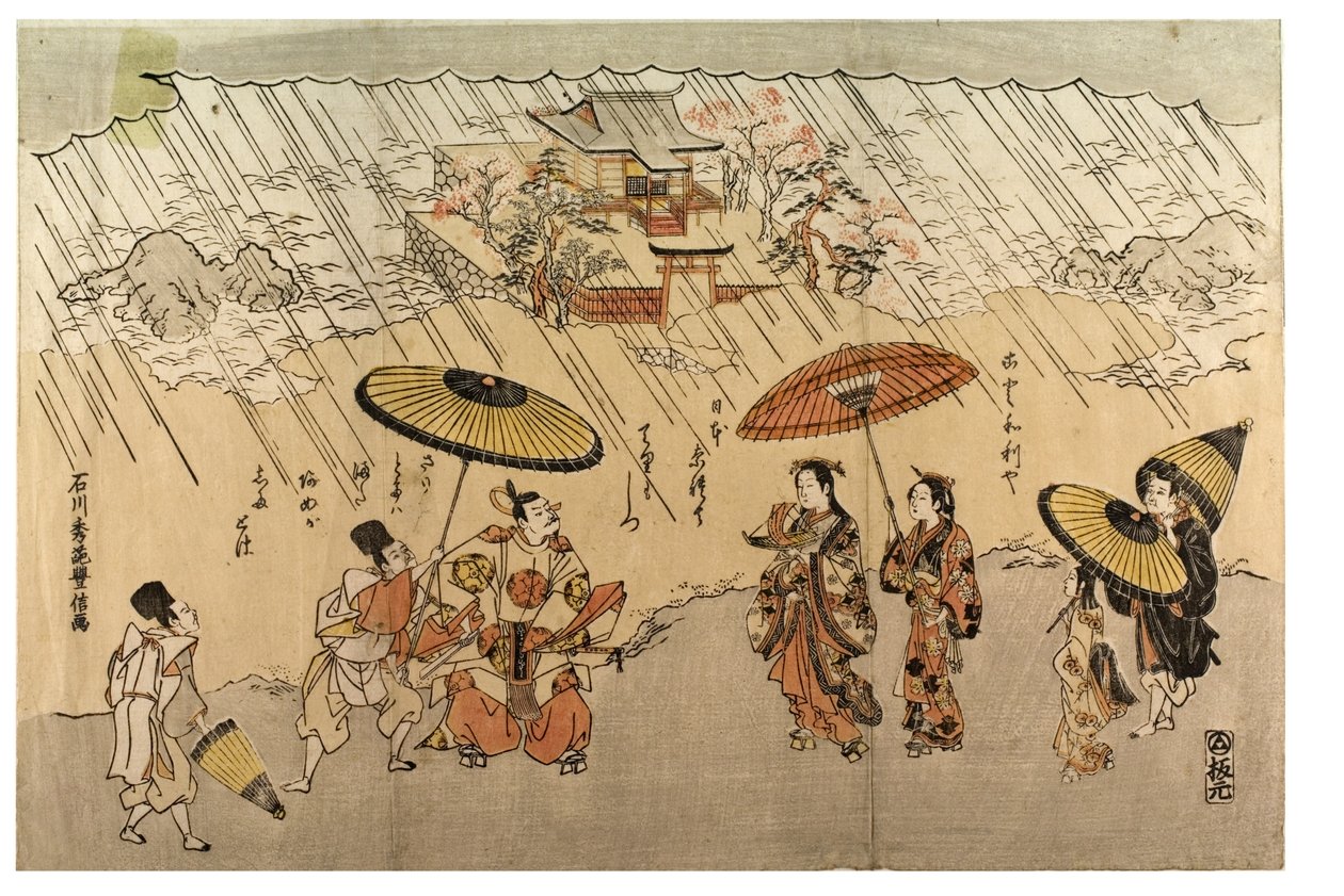 Scène de rivage sous la pluie - Ishikawa Toyonobu