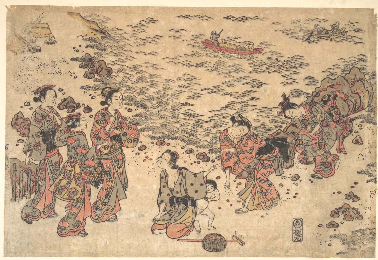 Des femmes et un petit garçon ramassant des coquillages sur une plage au bord de la mer - Ishikawa Toyonobu