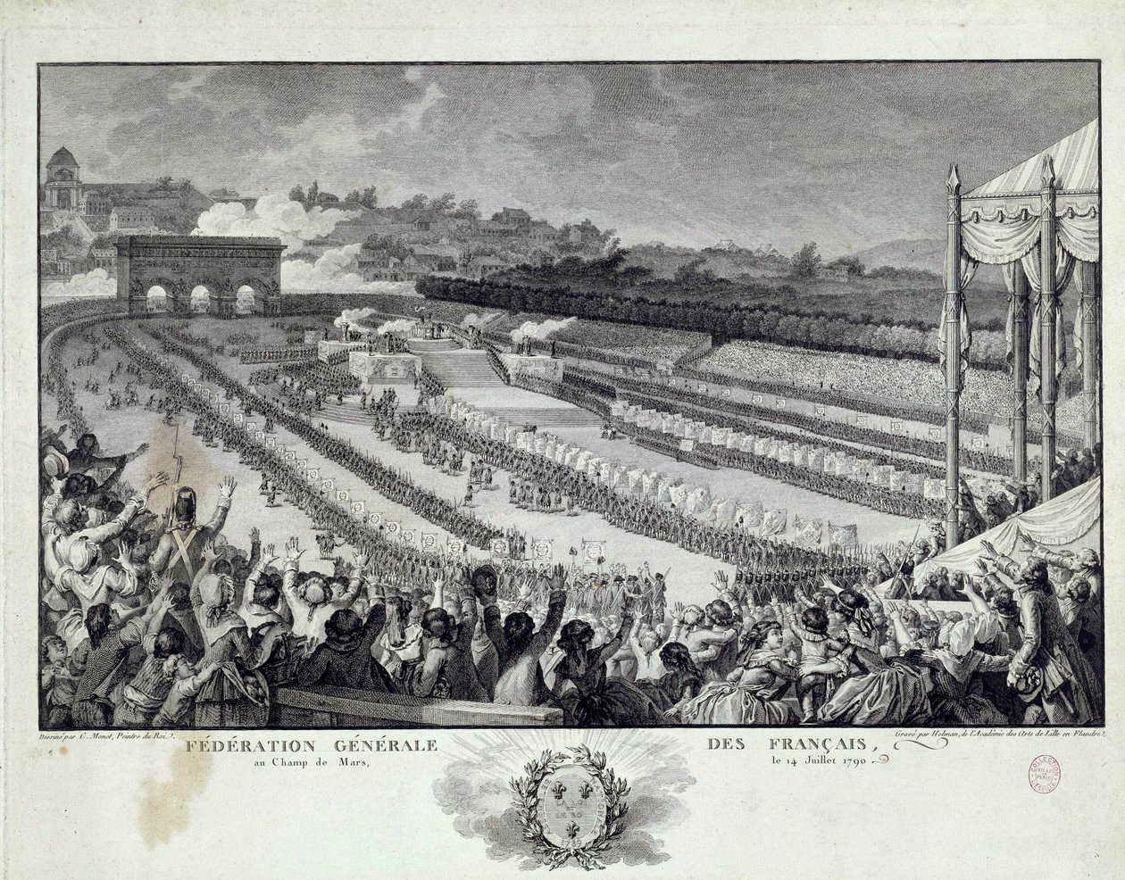 Révolution française : vue de la fête de la Fédération générale des départements français au Champ de Mars à Paris le 14/07/1791. Illustration d