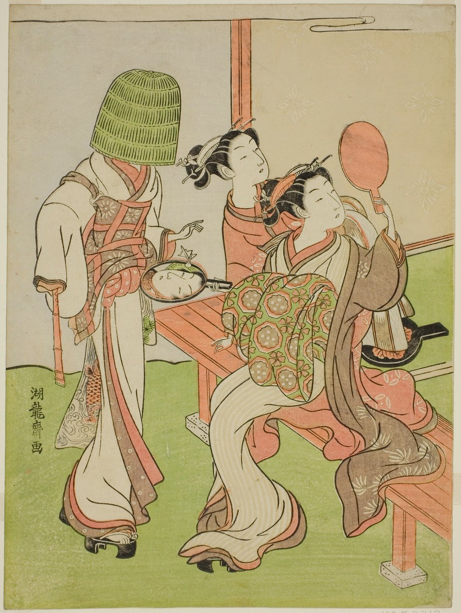 Une courtisane et son assistante utilisant des miroirs pour identifier un moine mendiant - Isoda Koryusai