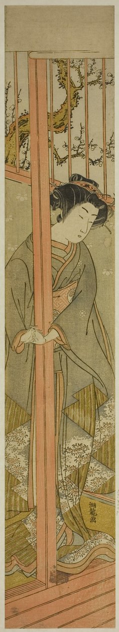 Jeune femme regardant depuis un salon - Isoda Koryusai