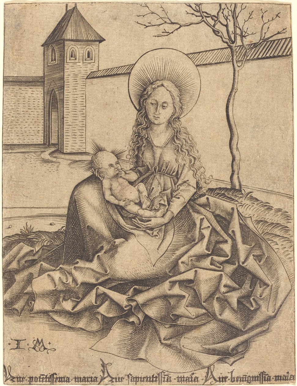 Vierge et enfant dans une cour - Israhel van Meckenem after Martin Schongauer