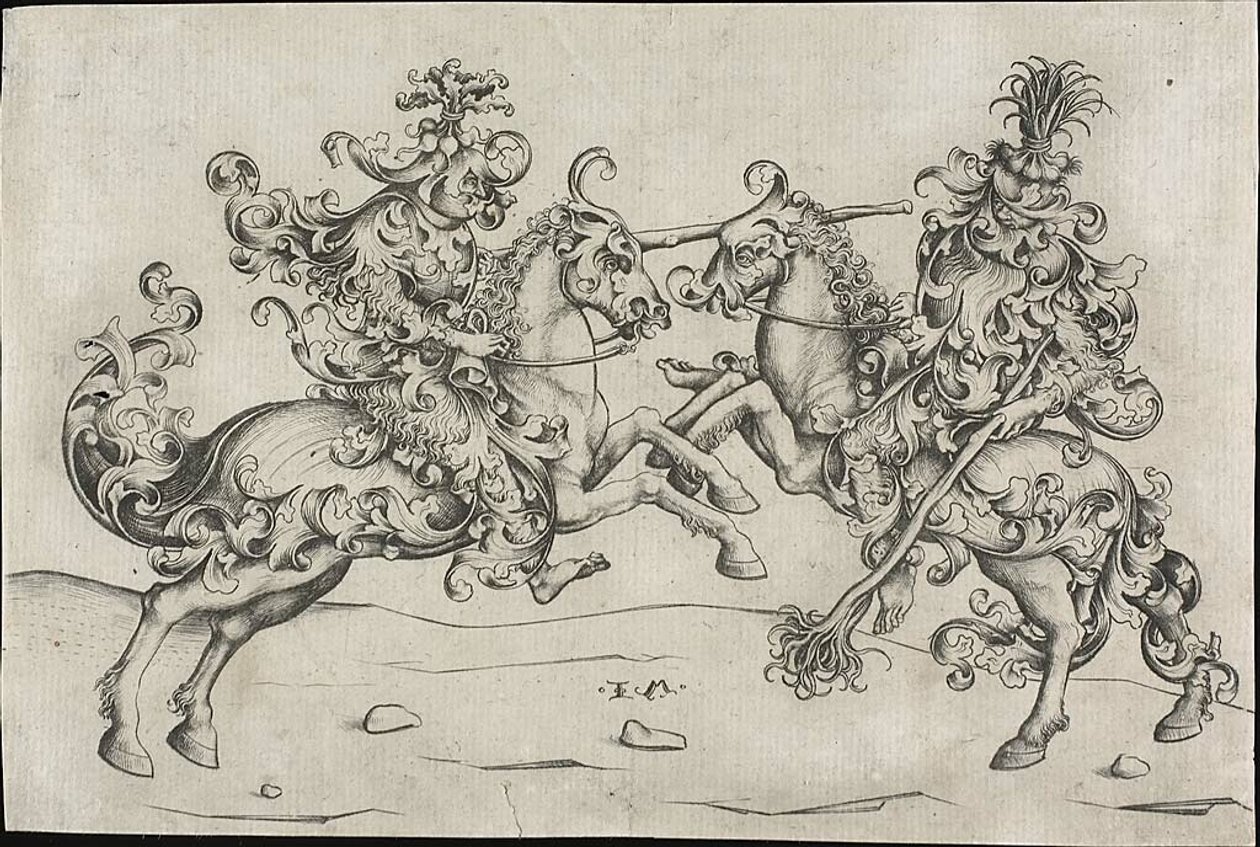 Combat de deux hommes sauvages à cheval - Israhel van Meckenem the younger