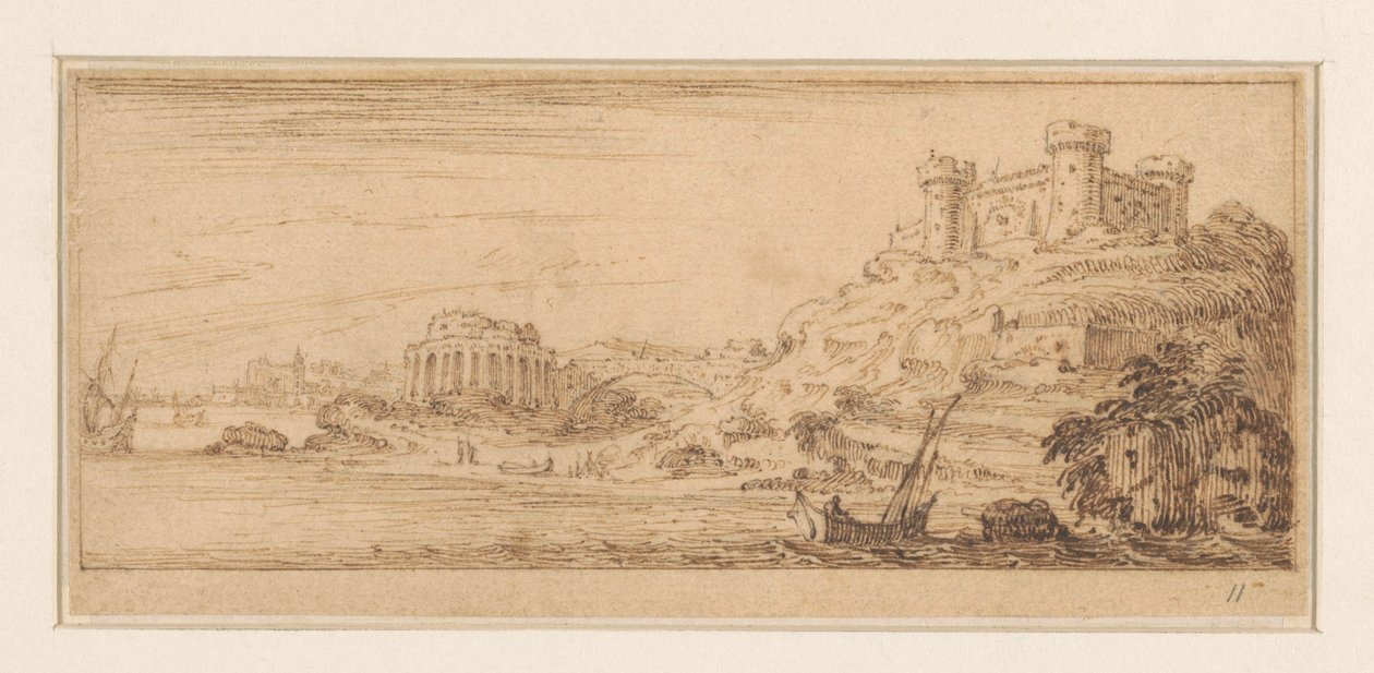 Vue côtière avec un marin dans un voilier à droite (Ontwerpen voor een prentreeks met kustlandschappen) - Israël Silvestre