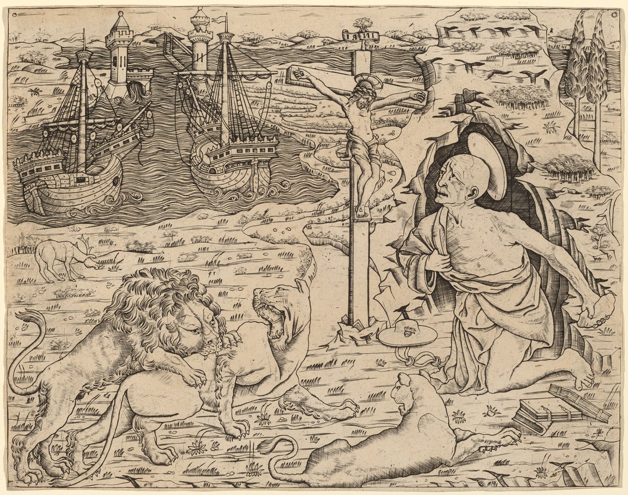 Saint Jérôme en Pénitence, avec Deux Navires dans un Port - Italian 15th Century