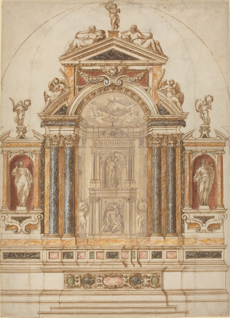 Autel élaboré en marbre coloré orné de sculptures - Italian 17th Century