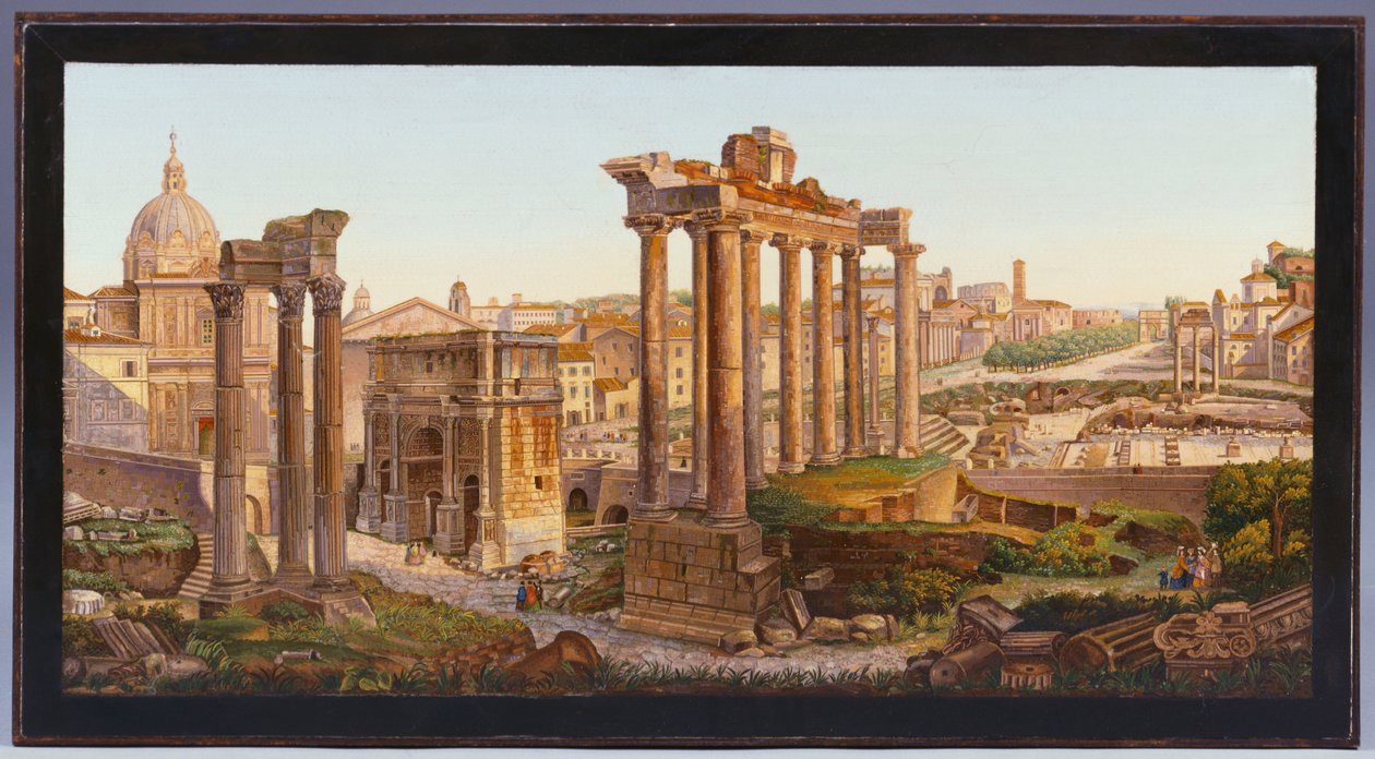 Table en micro-mosaïque romaine incrustée de figures devant les temples de Castor et Pollux dans le Forum romain - Italian School