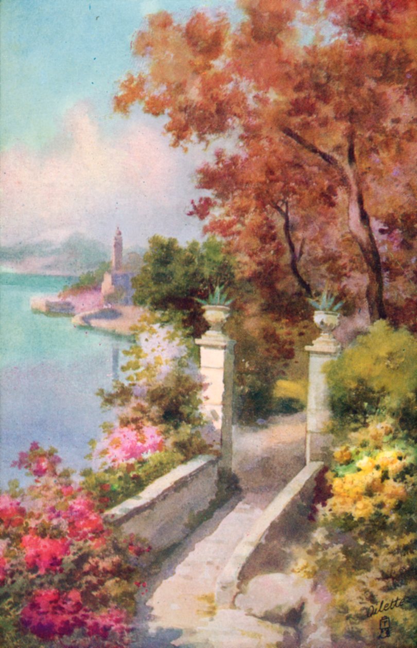 Une villa au bord du lac Majeur, Italie (lithographie couleur) - Italian School
