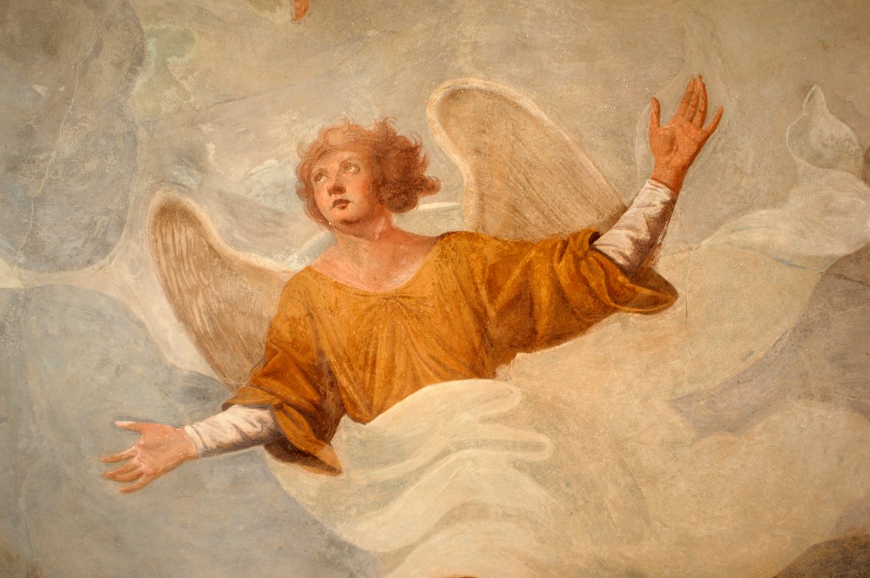 Ange, détail de scènes de la vie de saint Jean (XVIIe siècle), fresque, baptistère paléochrétien, portique de la cathédrale de Novare, Piémont, Italie - Italian School