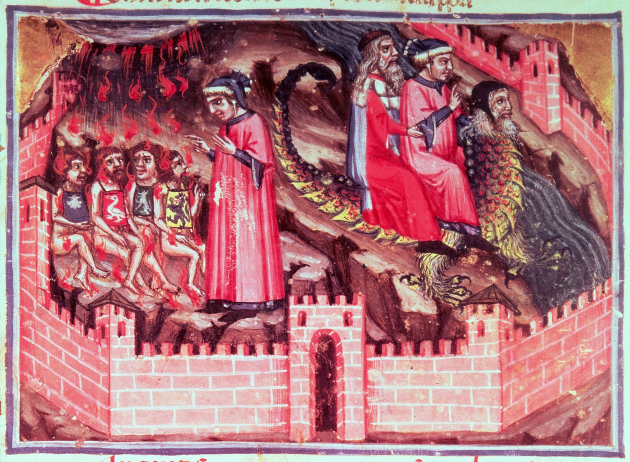 Chant XVII Quatre sodomites : Dante et Virgile chevauchent le dos de Géryon dans le cercle des fraudeurs, de la Divine Comédie (l