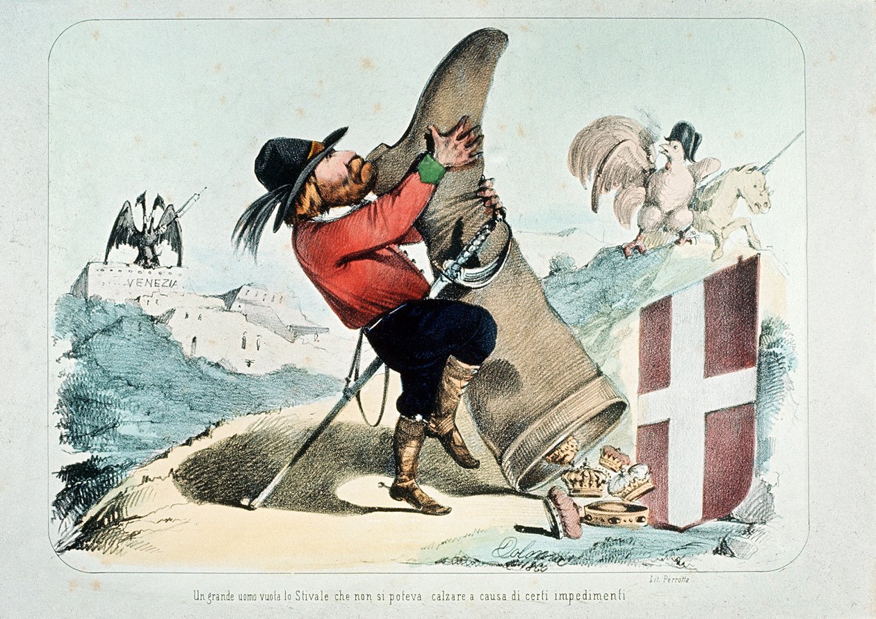 Caricature de Giuseppe Garibaldi vidant une botte (Italie) pleine de couronnes, par Litografia Perrotta - Italian School