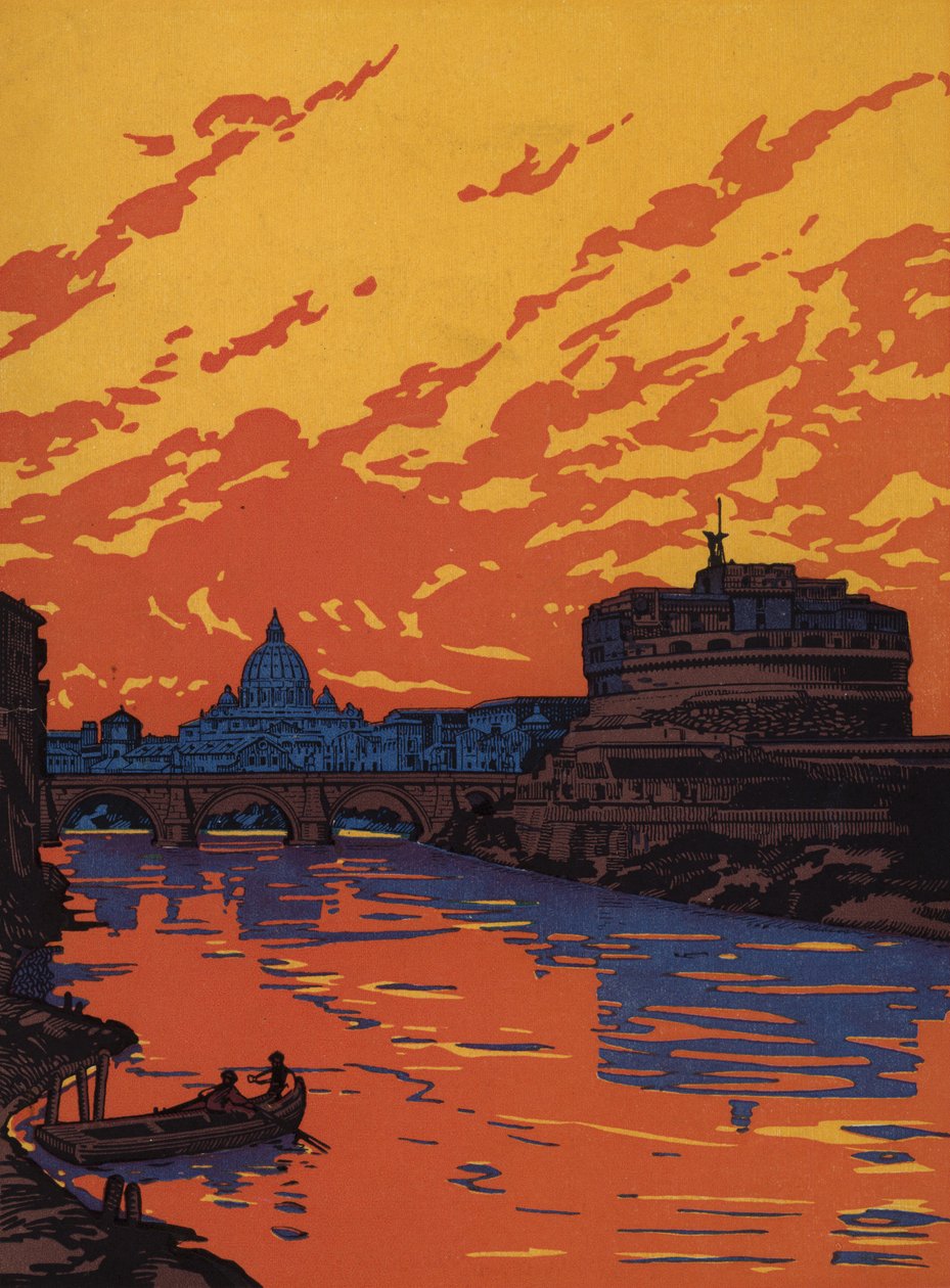Château Saint-Ange et Tibre, Rome (lithographie couleur) - Italian School