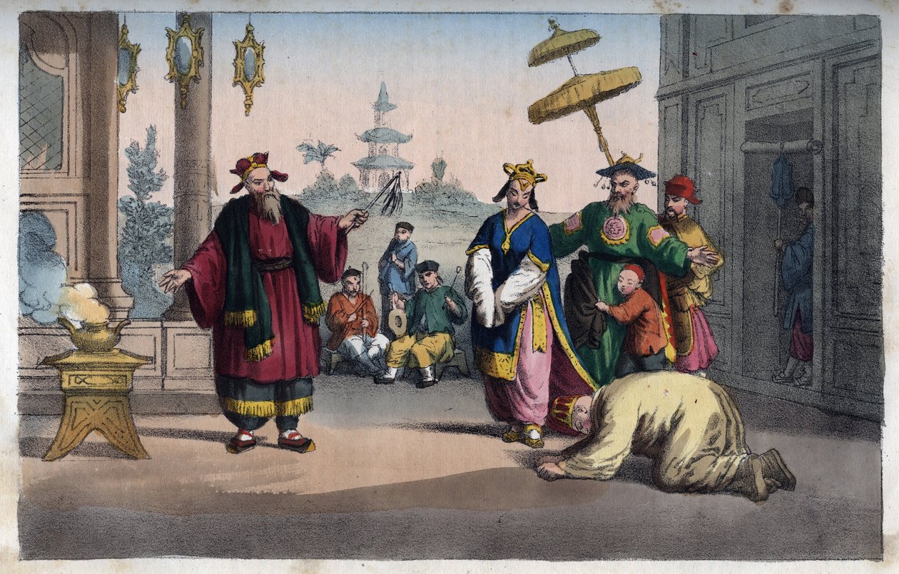 Chine - Une représentation théâtrale en plein air - gravure de 