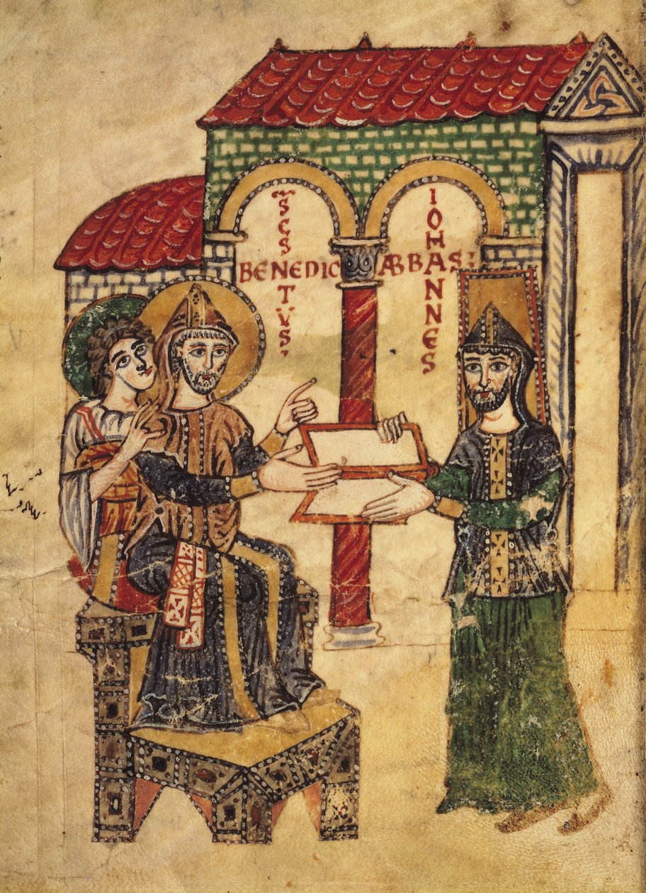 Abbé Jean offrant le manuscrit à Saint Benoît (c.480-c.550), abbé et fondateur de Montecassino, écrit par le diacre Paul, italien, 915, du Commentaire sur les règles monastiques de Saint Benoît - Italian School