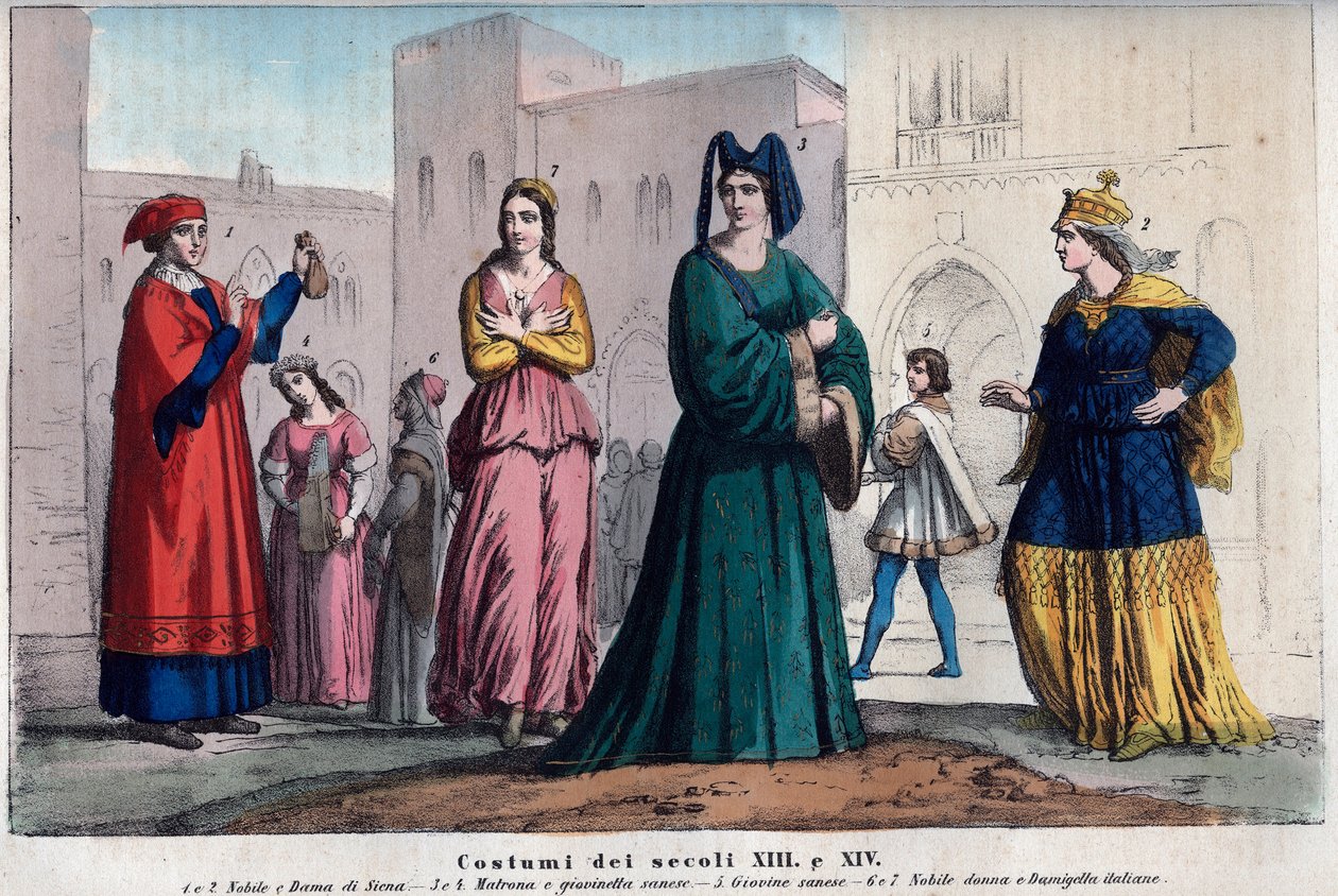 Costumes à Sienne entre le XIIIe et le XIVe siècle - gravure de «Usi e Costumi di Tutti i Popoli dell
