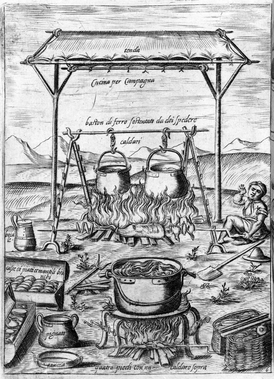 Cuisine de campagne : chaudrons et pots sont placés sur le feu. Gravure de « Opera », livre de gastronomie divisé en 6 parties, par Bartolomeo Scappi, cuisinier personnel du pape Pie V. Venise - Italian School