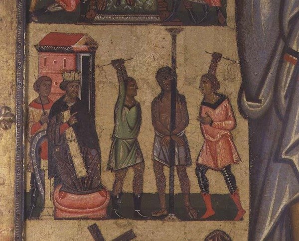 Crucifixion avec histoires de la Passion : (détail) montrant la flagellation du Christ, école de Lucques - Italian School