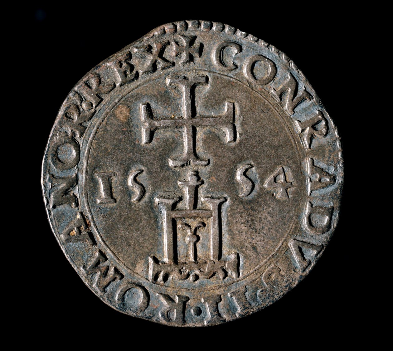 Monnaie de la République de Gênes : teston en argent de la Bénédiction. Recto représentant le portail de Gênes sous une croix. 1554 Gênes, Musei di Strada Nuova - Italian School