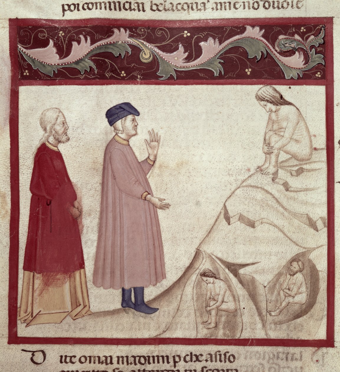 Dante et Virgile (70-19 av. J.-C.) rencontrent les âmes emprisonnées dans les rochers, de La Divine Comédie de Dante Alighieri (1265-1321) - Italian School