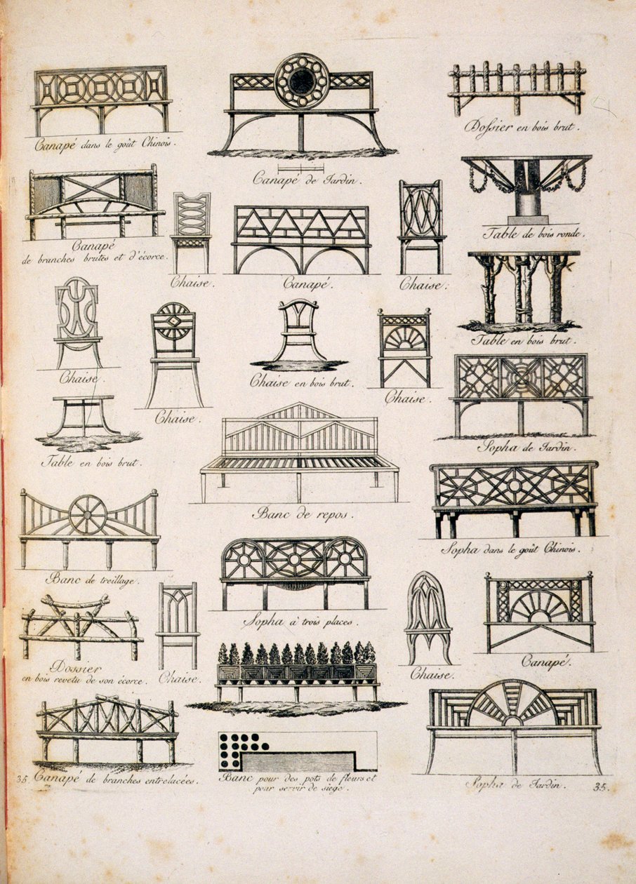Conceptions de sièges de jardin, de A Compendium of Drawings, par J.G. Grohmann, publié en 1805 - Italian School