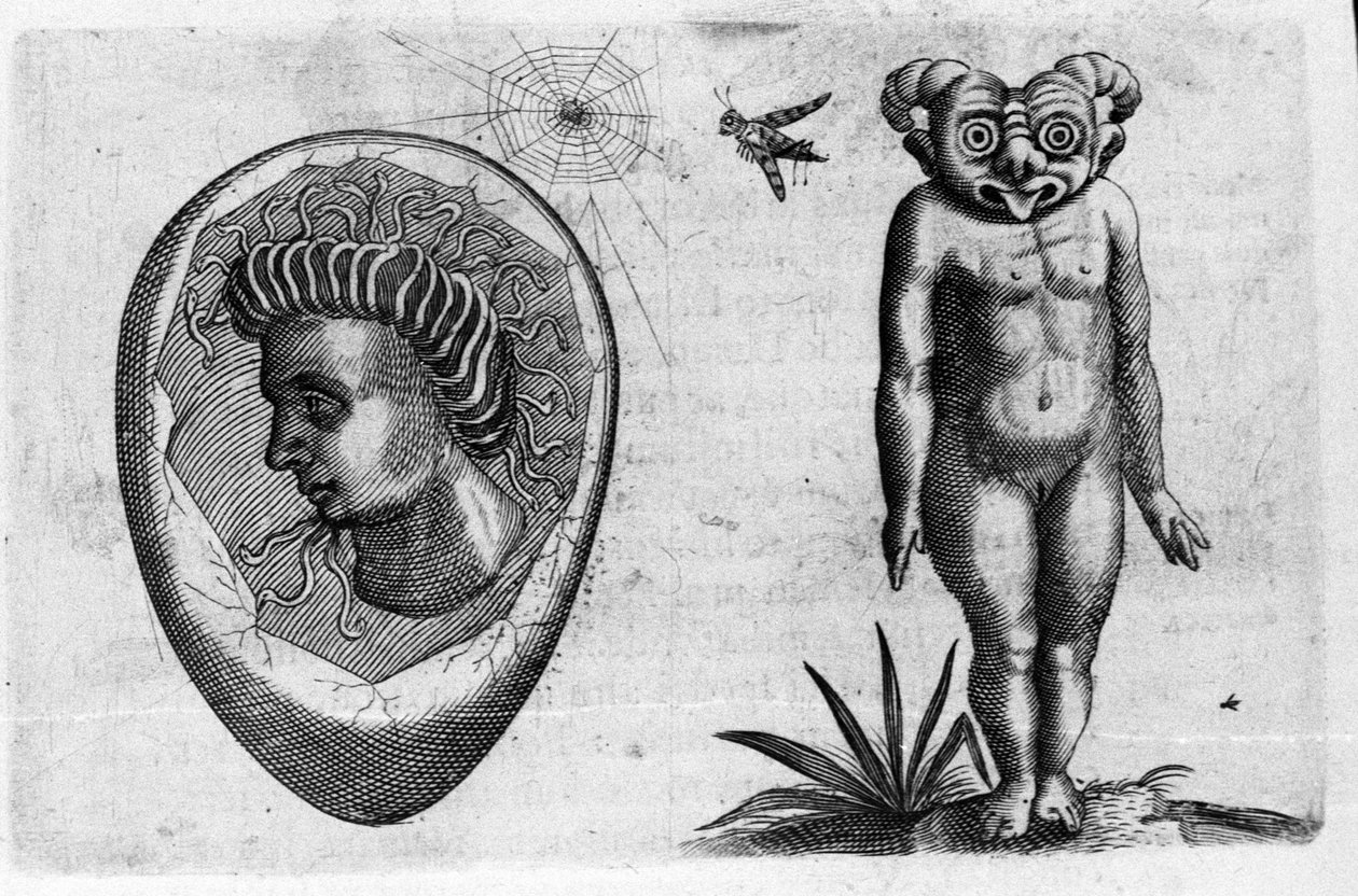 Différents types de monstres humains : un homme fossile et un monstre. Gravure de « De monstrorum natura, causis et differentiis » par Fortunio Liceti, scientifique italien. 1646 - Italian School