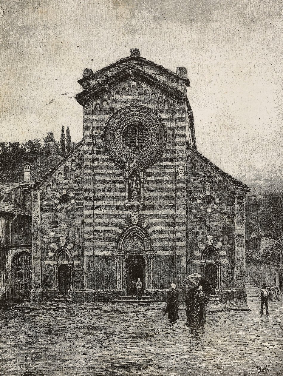 Façade de la cathédrale de Bellano, lac de Côme, Italie (gravure) - Italian School