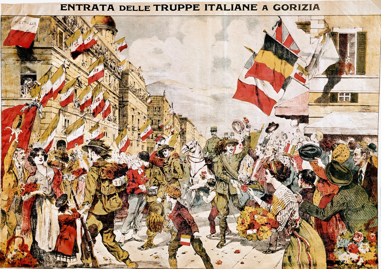 Première Guerre mondiale (1914-1918). Prise de Gorizia par les troupes italiennes. 1918. (gravure) - Italian School