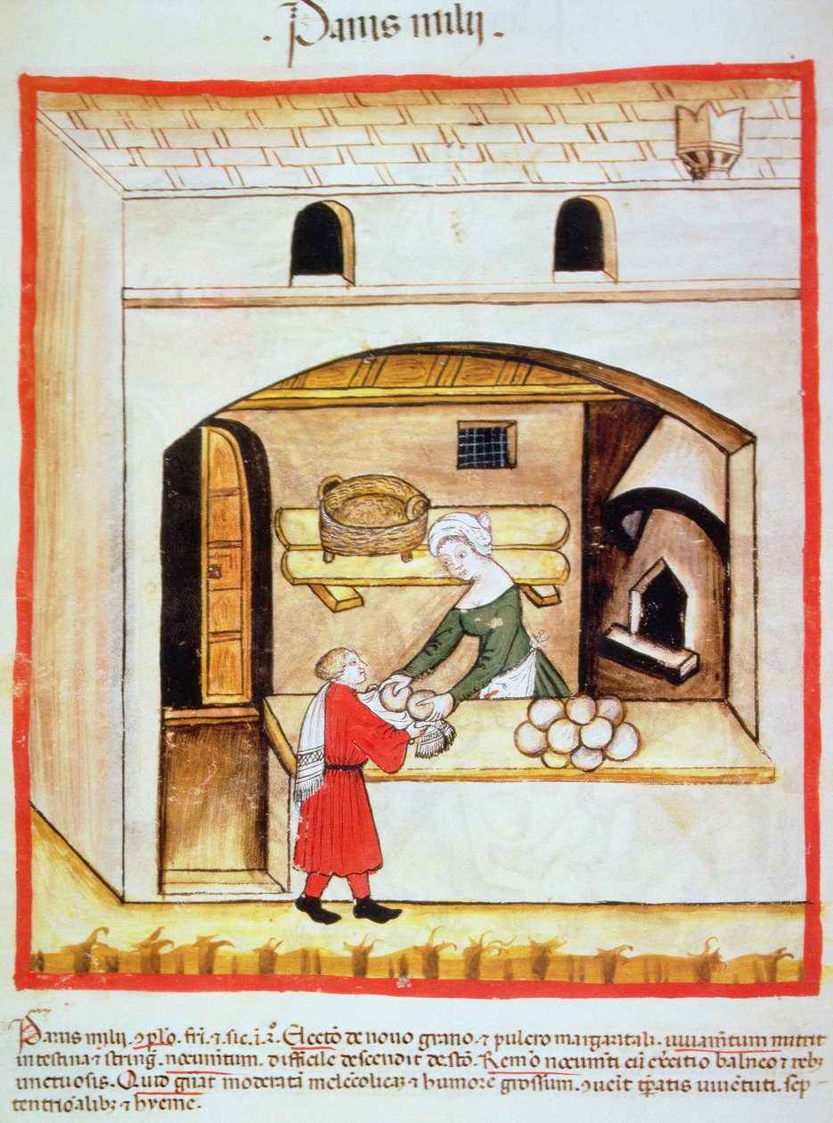 Préparation du pain de millet, illustration du Tacuinum Sanitatis Codex Vindobonensis - Italian School
