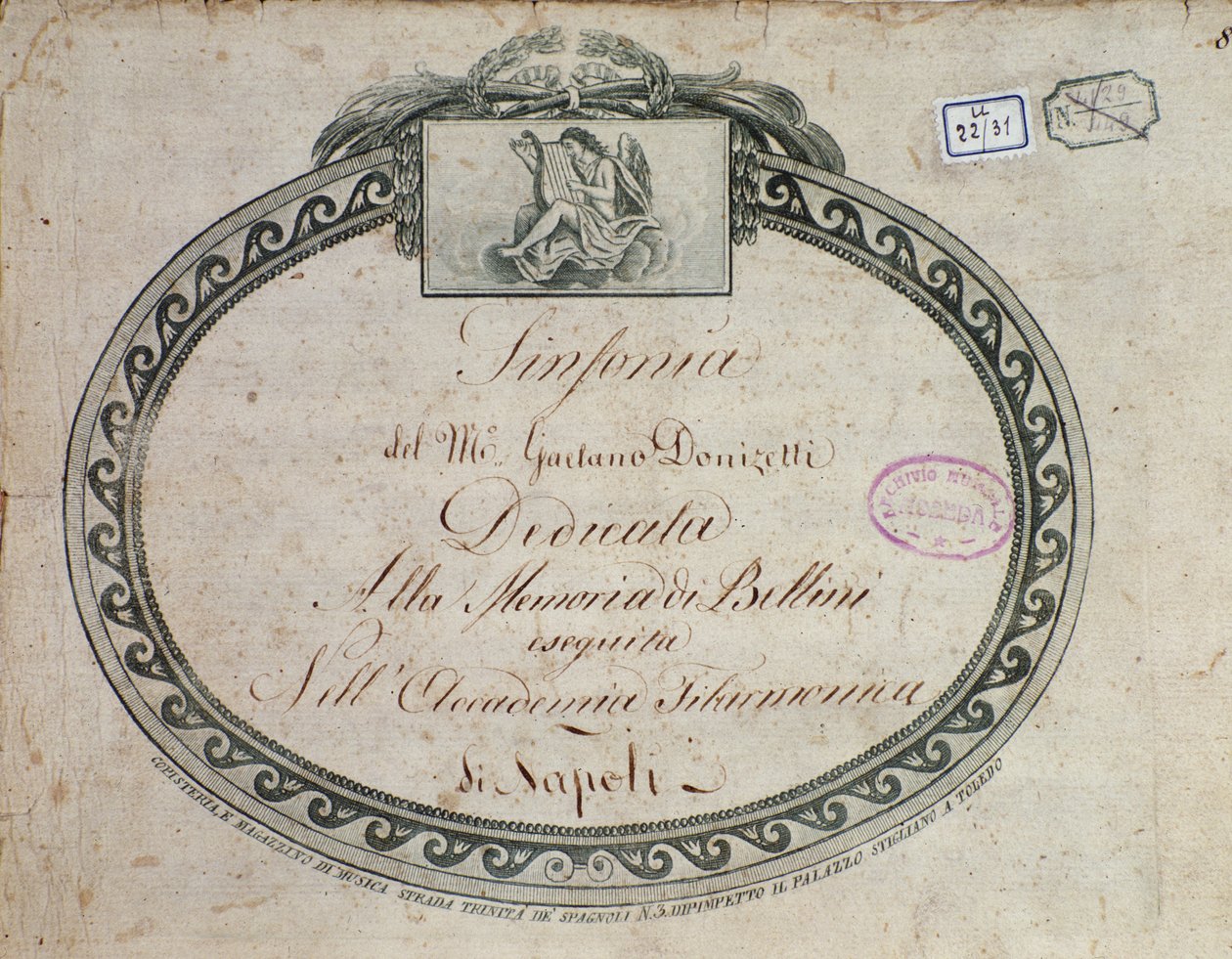 Frontispice (détail) de "Sinfonia en mi bémol majeur : dédiée à la mémoire de Bellini" par Gaetano Donizetti (1797-1848) - Italian School