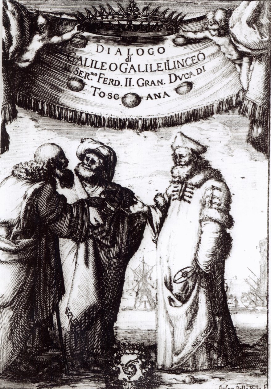 Frontispice de Dialogo sopra i due massimi sistemi del mondo par Galilée, publié en 1632 - Italian School