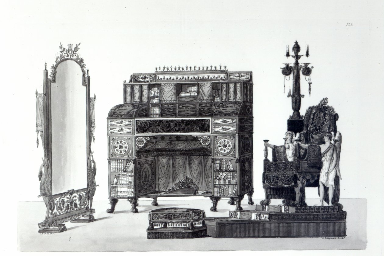 Mobilier de style grec de Décorations architecturales par Gaetano Landi, gravé par G. D