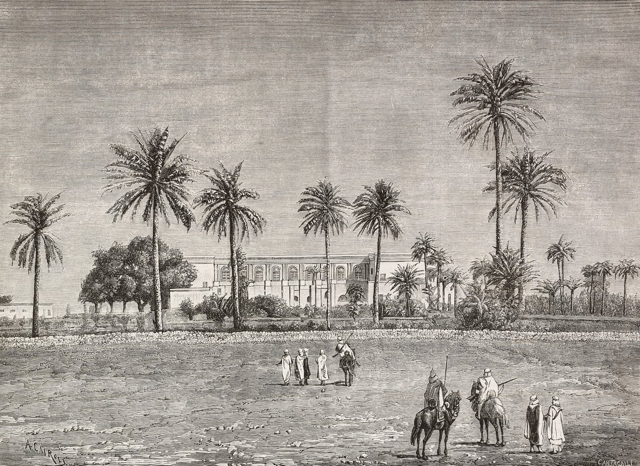 Palais du gouverneur, où résidait le général Gordon, Khartoum, Soudan, gravure de Cairoli de L