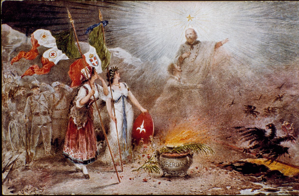 Unité italienne : carte postale de propagande avec la gloire de Giuseppe Garibaldi représenté comme un saint en présence de Guglielmo Oberdan, nationaliste et irrédentiste, l