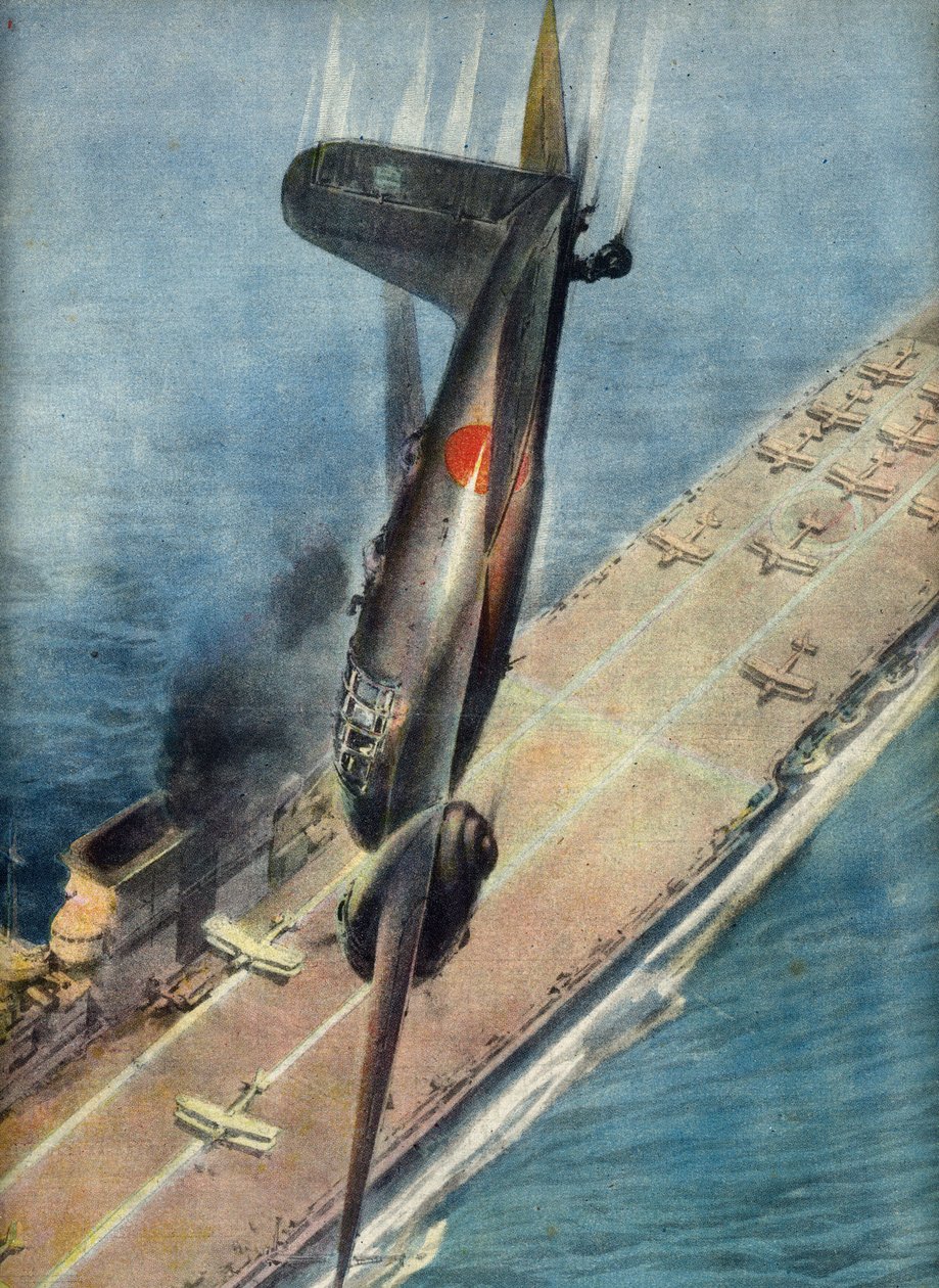 Kamikaze Abe attaquant un porte-avions britannique, illustration tirée de "La Domenica del Corriere", 5 novembre 1944 (impression) - Italian School