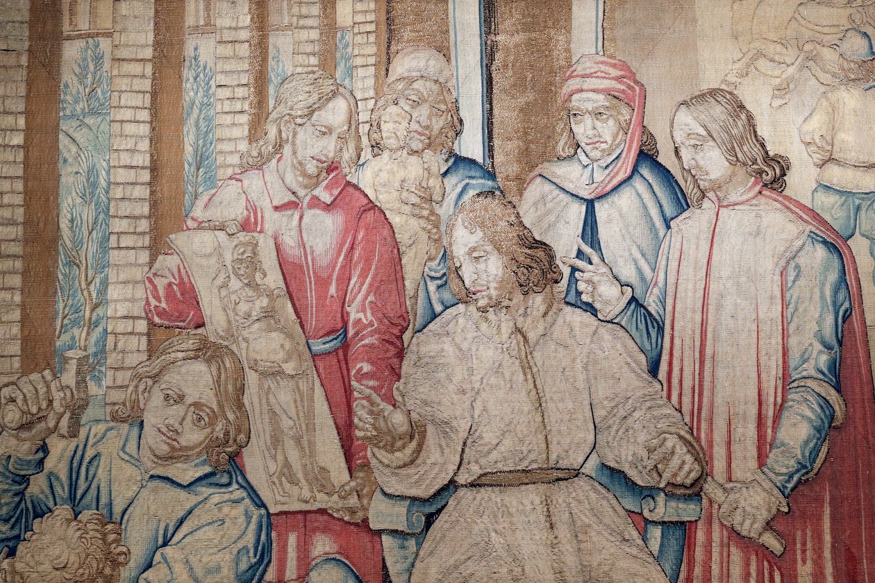 Lorenzo le Magnifique parmi les sculpteurs et les peintres au jardin des Médicis à San Marco. Tapisserie 1516. Gênes. Italie. - Italian School