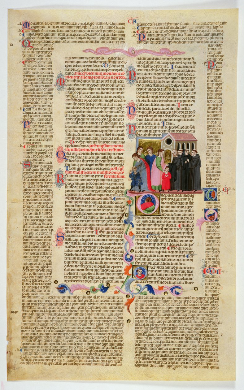 Marlay Cutting IT.9: Feuille avec miniature du Décret de Gratien montrant deux garçons amenés à un monastère par leurs parents - Italian School