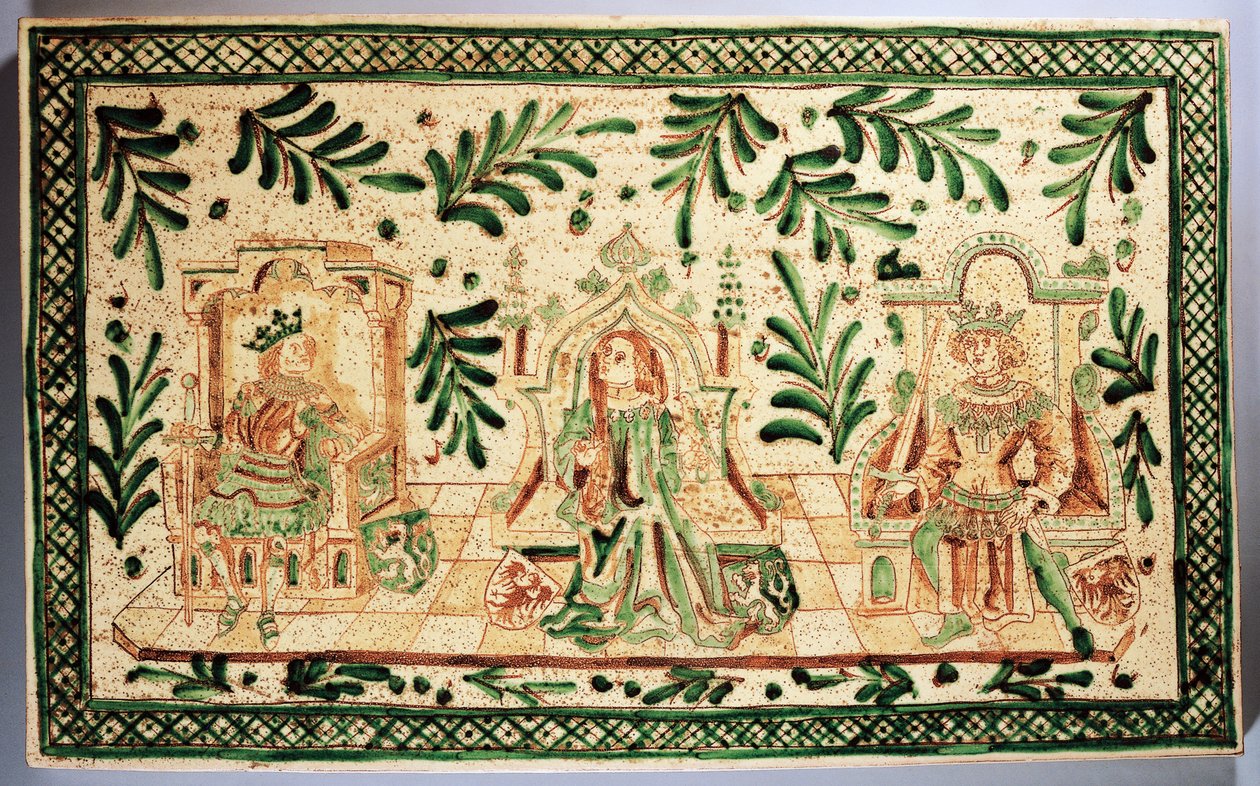 Plaque décorative de style médiéval représentant Constance de Hauteville, Roger de Sicile et Frédéric II de Hohenstaufen, manufacture Alessi, Caltagirone, Sicile, Italie (céramique) - Italian School