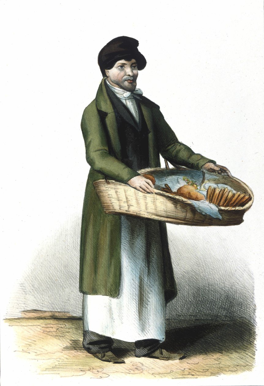 Métier milanais : un vendeur de biscuits et de gâteaux. Gravure de Locarno, 1830 - Italian School