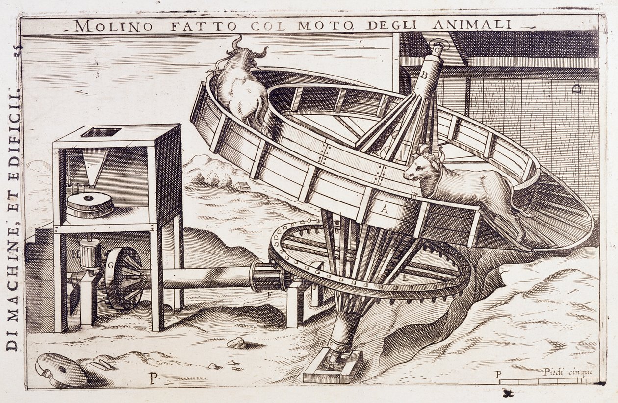Moulin actionné par des animaux, gravure Italie - Italian School
