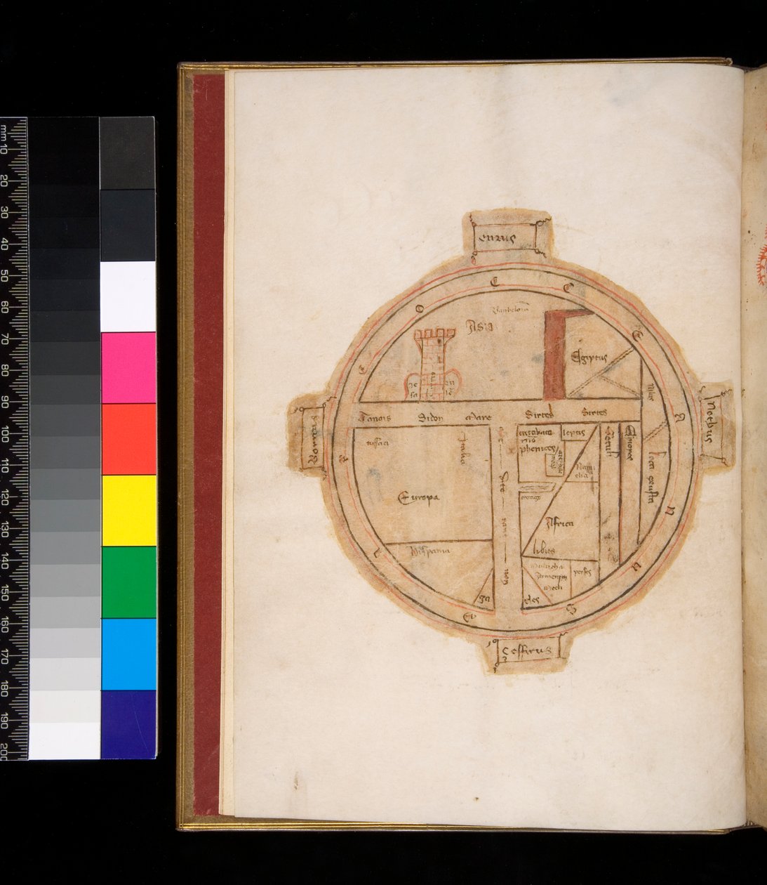 Ms 315. Horace, Ars Poetica et Epistulae, f.1v. Carte T-O du monde, avec une tour représentant Jérusalem - Italian School
