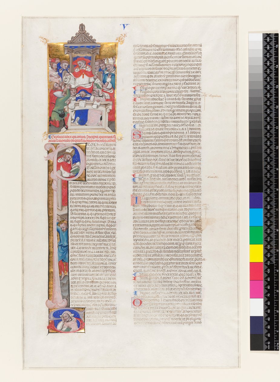 Ms 331 fol.1r Page de texte avec une initiale historiée P et une miniature représentant un cardinal sur son trône, du Livre V des Décrétales de Grégoire IX, de Bologne, vers 1350 - Italian School