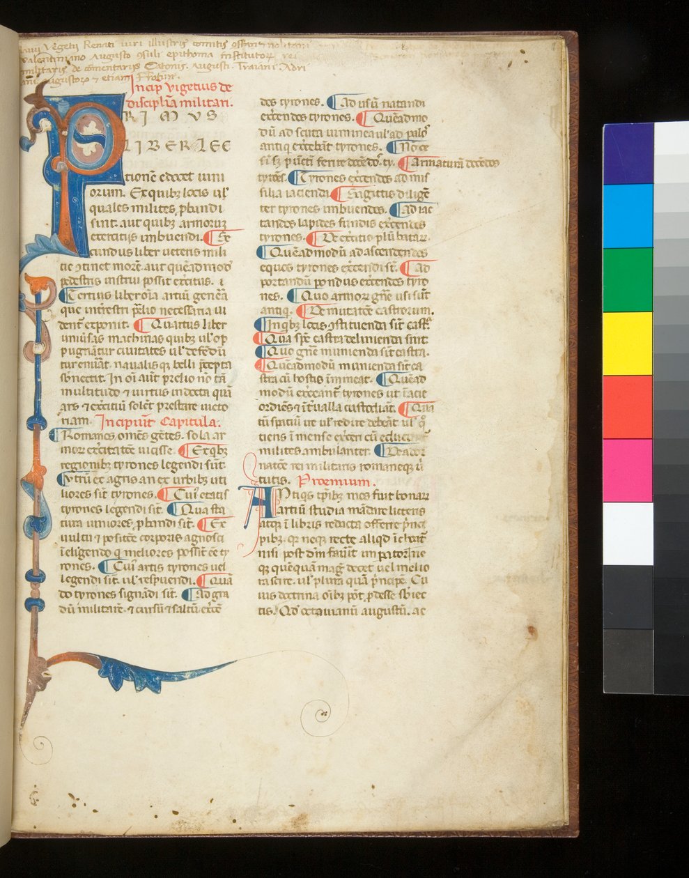 Ms 398. Végèce, Epitoma rei militaris, f.1r. Initiale décorée [P] s