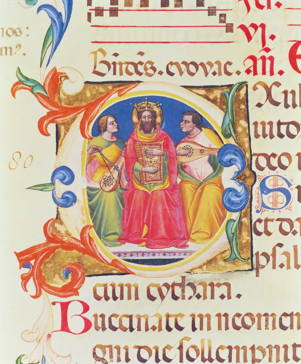 Initiale historiée O représentant le roi David et deux anges, du Psautier de Santa Maria Novella, illuminé par Paolo Soldini (fl.1342-86) 1379 - Italian School