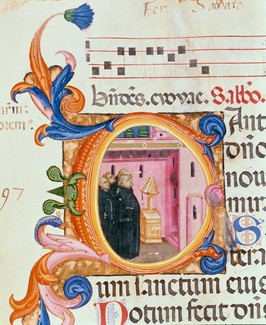 Initiale historiée C représentant des moines regardant un texte, du Psautier de Santa Maria Novella, illuminé par Paolo Soldini (fl.1342-86) 1379 - Italian School
