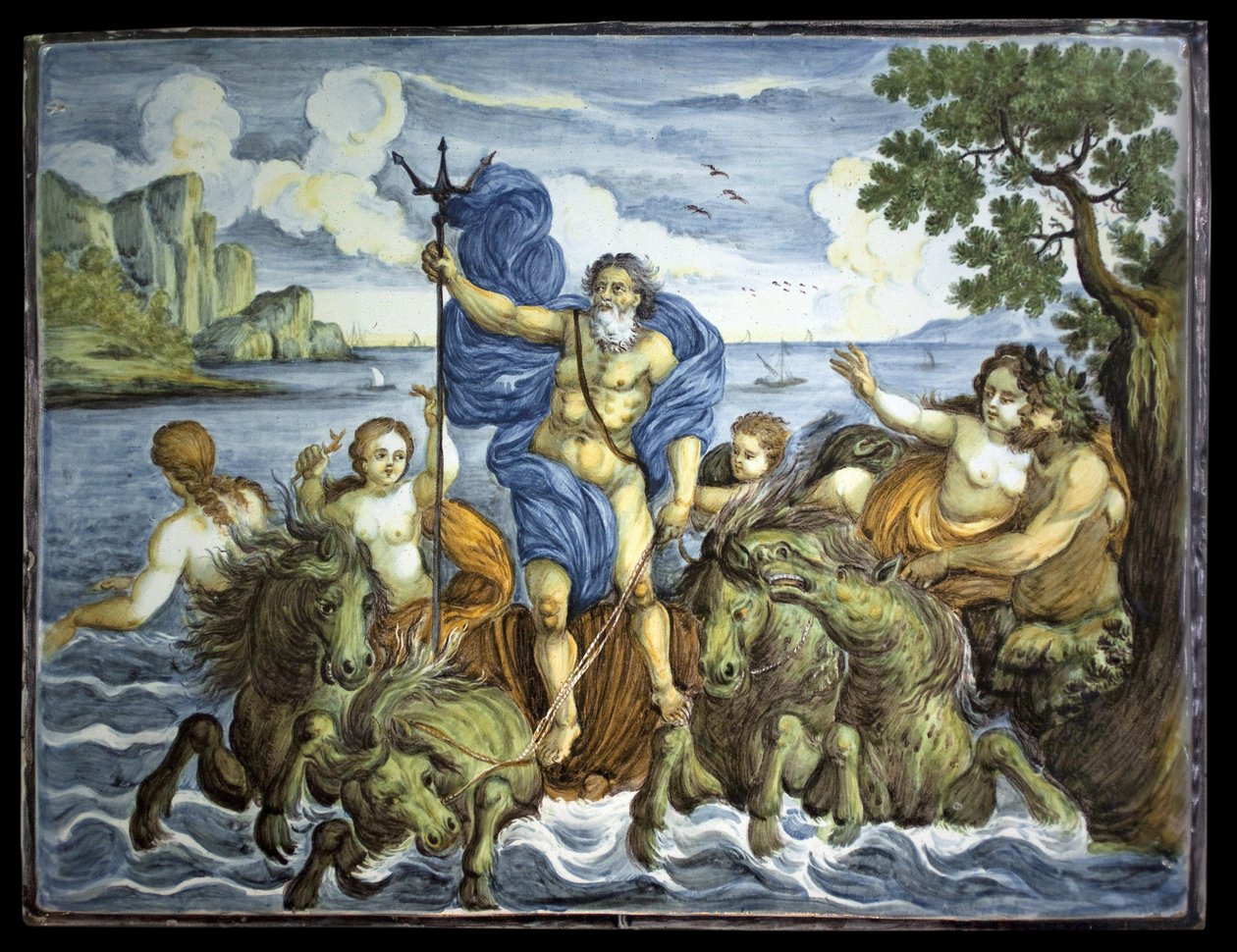 Neptune sur son char et avec un trident. Plaque rectangulaire, décoration de grand feu polychrome, réalisée à Castelli, Italie - Italian School